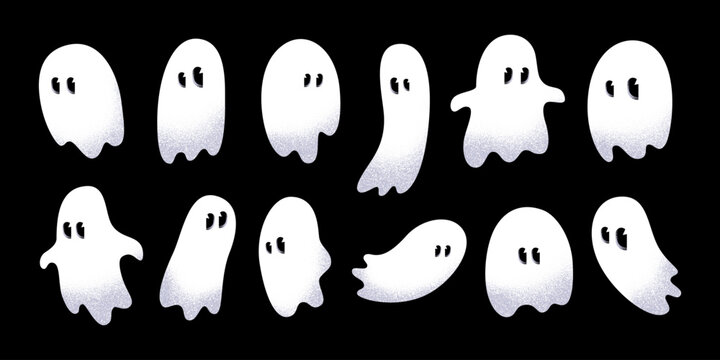 Set of cute white cartoon Halloween ghosts. Minimalist hand drawn modern playful spirit silhouettes with grainy halftone texture. Various quirky shapes, icons, stickers. Vector isolated graphics.