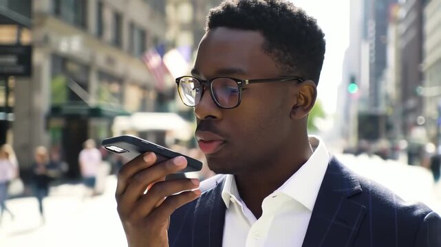 Young professional African American businessman in a suit records a voice message on a city street