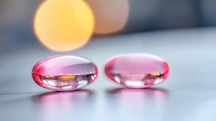 Pink transparent gel capsules on light surface with soft bokeh background, macro photography showing medical supplements in modern minimalist style.