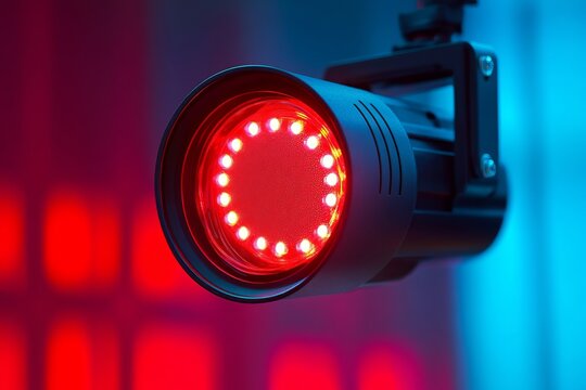 Red LED therapy light device for skincare, wellness, and pain relief treatments, modern close-up with glowing diodes on vibrant purple background