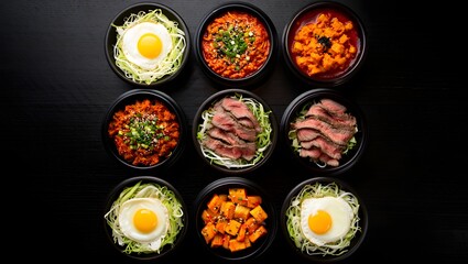 Delicious korean bibimbap bowls assortment with beef egg and vegetables on a black background view