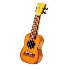 Obraz premium A small, light-brown ukulele with four strings, a simple design, and a slightly angled presentation against a black background