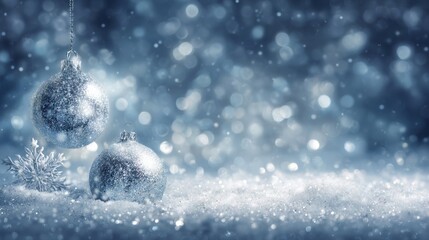 silver Christmas ornaments and a snowflake rest on soft snow with a dreamy, glowing winter bokeh background