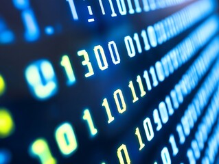 Binary code numerals displayed on a blue illuminated computer screen