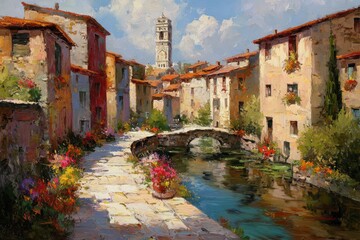 Romantic Oil Painting of a Quaint European Village with River and Stone Bridge.