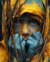 Ukrainian kid covered in paint of ukrainian flag in yellow and blue colour. Ai Generative
