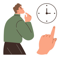 Man in thought looking at clock while hand points to it as a symbol of decision-making and urgency. Ideal for time management, planning, deadlines, productivity, focus, decision-making