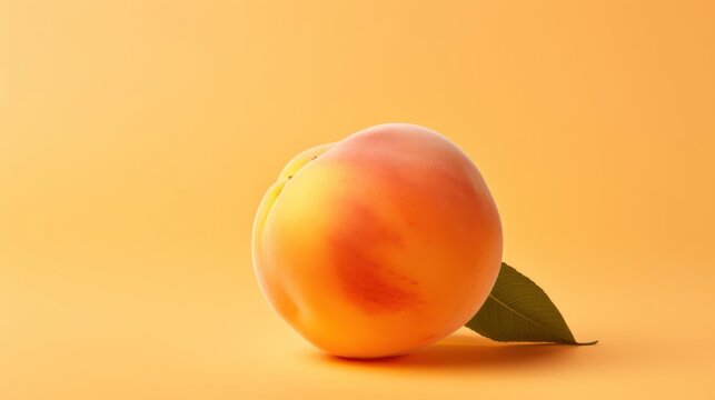 Ripe peach with a vibrant leaf against a yellow background.