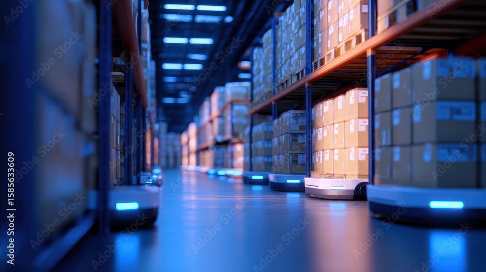 Poster automated robots navigating a warehouse filled with neatly stacked boxes under bright lighting
