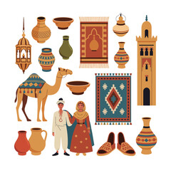 Collection of middle eastern cultural elements including camel people mosque lanterns and pottery