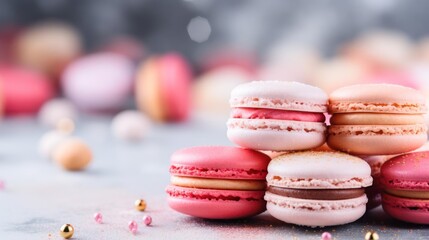 Obraz premium Stack of pink macarons with gold dust, delicious dessert.
