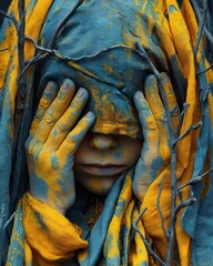 Ukrainian kid covered in paint of ukrainian flag in yellow and blue colour. Ai Generative