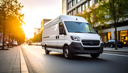 White Delivery Van Driving on City Street at Sunset