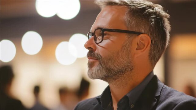 Portrait of a thoughtful bearded man at an indoor event, standing against a backdrop of soft lighting, suitable for microstock photography.