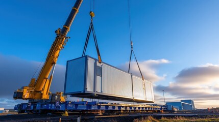 Naklejka premium Crane lifting a shipping container at sunset, with industrial background and clear skies