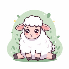 Obraz premium Cute cartoon sheep sitting on a green background with leaves 