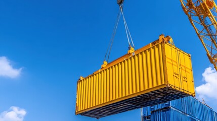 Yellow shipping container being lifted by crane against a clear blue sky with clouds