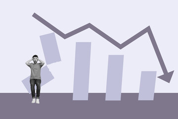 Obraz premium Trendy 3d poster image photo collage of inexperienced businesswoman businessman stand arrow decline regress statistics down