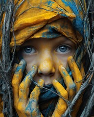 Ukrainian kid covered in paint of ukrainian flag in yellow and blue colour. Ai Generative