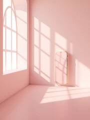 Obraz premium Mobile Phone on the Wall with Light Shadows in a Pale Pink Room, Minimalist Design Concept