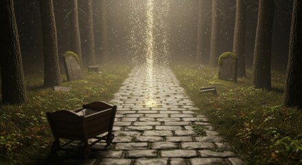Mystical Forest Path: A Cradle's Journey Through an Enigmatic Graveyard at Dawn