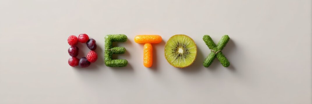 Freshly cut fruits and vegetables arranged to spell the word detox, promoting healthy eating, cleansing, and wellbeing, perfect for summer detox programs