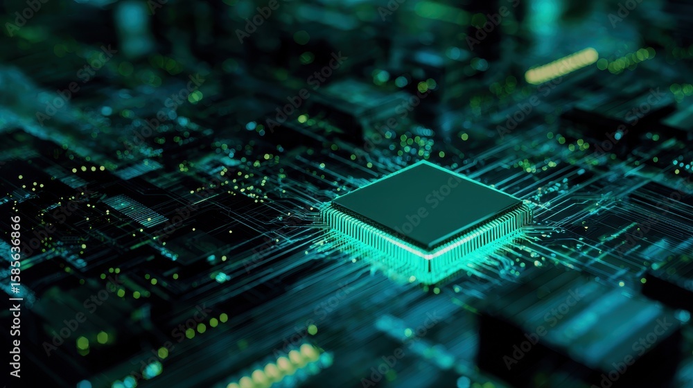 Poster close-up view of a glowing microchip on a circuit board with intricate connections and lights