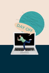Vertical 3d art pop image collage of happy girl guy stand bubble speech day-off holiday weekend relax vacation travel concept