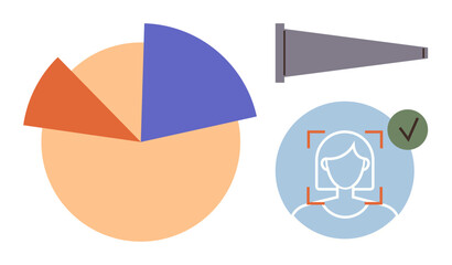 Pie chart showing data distribution, face recognition icon with verification, and megaphone for announcements. Ideal for analytics, marketing, security, communication, tech, research simple flat