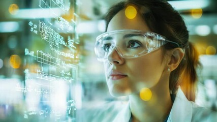 A woman scientist wearing a lab coat, working on advanced computer equipment with digital data and graphs in the background, likely analyzing genomic information or conducting scientific research. - Powered by Adobe