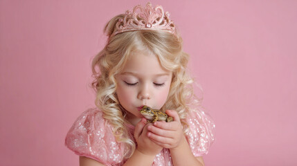 Little girl in a princess outfit with a crown kisses a frog