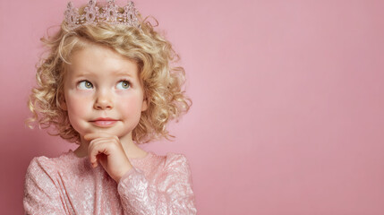 Little girl in a princess outfit with crown in a thinking pose