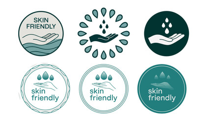 Skin friendly product badge icons with hand and water drops for cosmetic and skincare labels

