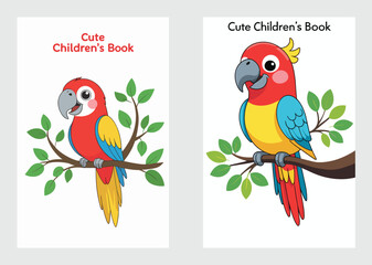 Smiling Cartoon Parrot on Tree with Leaves for Book Cover Design

