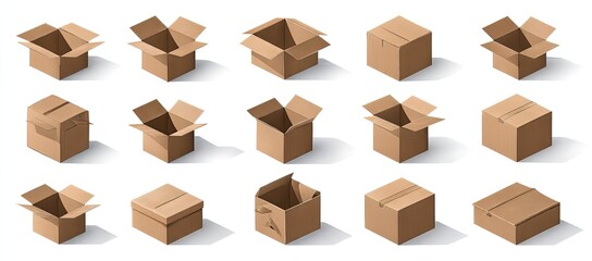 Various isometric cardboard boxes in different open states
