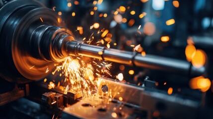 Metalworking process with sparks flying as a lathe shapes a metal rod in a workshop