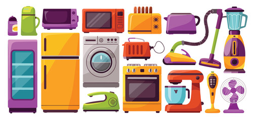 Collection of colorful kitchen and home appliances in a flat design style
