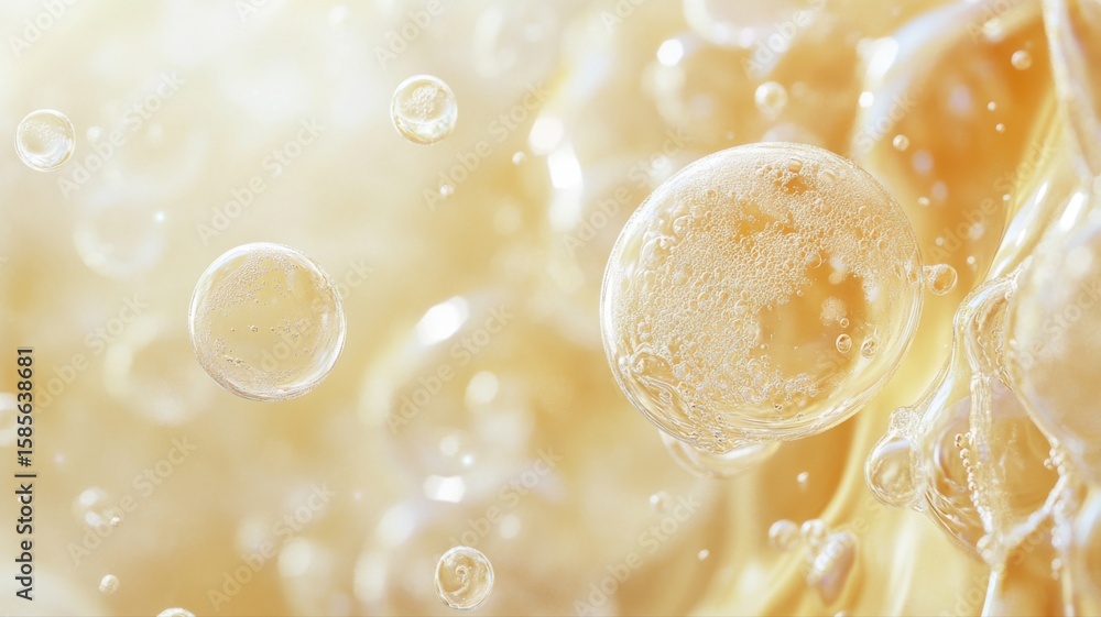 Poster abstract macro of golden bubbles in liquid - science and cosmetic background abstract macro golden