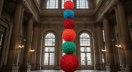 Stacked colorful textured spheres in grand hall sculpture