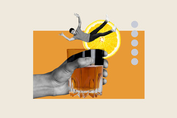 Trend artwork banner sketch 3D photo collage of hand hold cognac drink celebrate chill friday...
