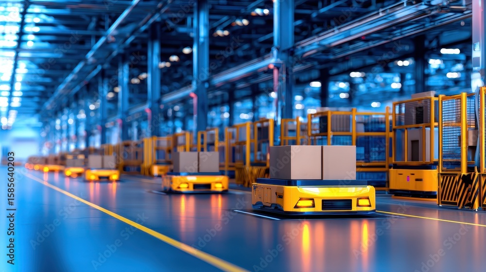 Poster automated warehouse with robotic vehicles transporting boxes in a high-tech environment