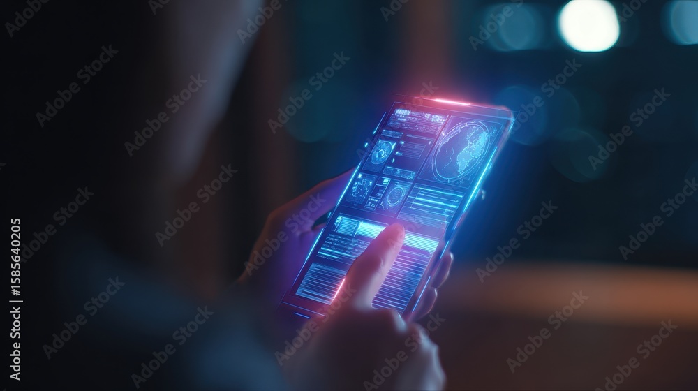 Poster person interacting with a futuristic smartphone displaying holographic data in a dimly lit environme