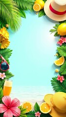 Summer flat lay featuring tropical leaves, lemons, seashells, and straw hats with sunglasses. The background is a light blue color