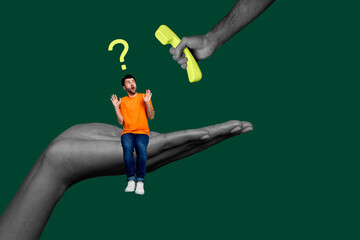 Art sketch 3d image vertical collage of shocked man sit human hand palm question mark telephone...