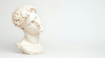 Obraz premium Classical white marble bust sculpture with curly hair against light background, profile view showcasing detailed Hellenistic style craftsmanship and artistic expression.