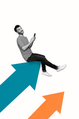 Creative design composite artwork collage of young man sit huge arrow hold smartphone smile...