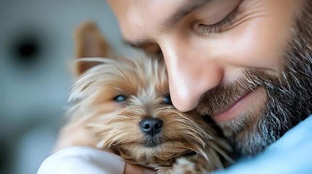 Close emotional bond between bearded man and Yorkshire terrier puppy showing tender moment of connection and companionship. Pet therapy and animal care concept.