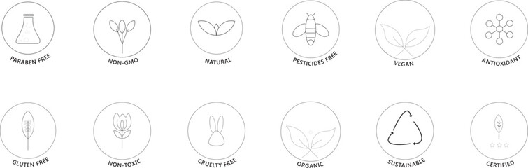 Natural cosmetic icon set. organic product badges. Allergen free line icons. GMO free product. Certified natural stickers. Healthy eating. Vegan, bio food label. Cruelty free.  illustration vector 