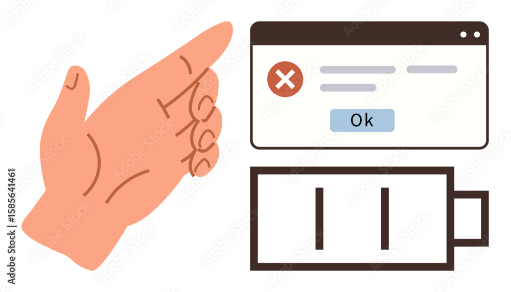Aufkleber hand signaling stop with error message and low battery symbol. ideal for caution, alerts, system err