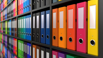 Colorful Binders on Shelves in an Organized Office